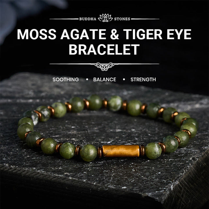 Buddha Stones Bracelet orné d'une perle ronde en agate mousse verte et d'un œil de tigre - image 0