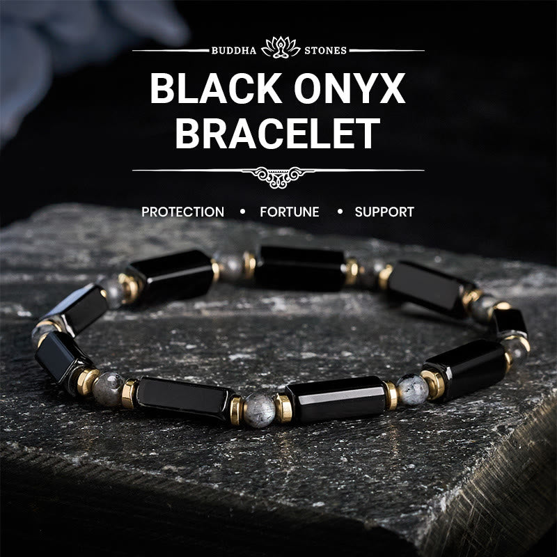 Buddha Stones Bracelet de protection en onyx noir avec perle en cuivre - Onyx noir (Tour de poignet : 16–17 cm) - image 0