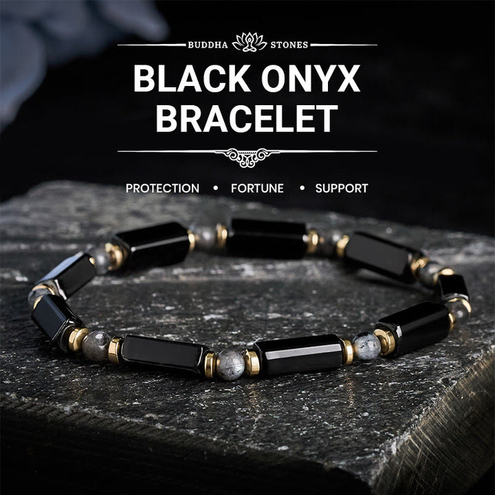 Buddha Stones Bracelet de protection en onyx noir avec perle en cuivre - Onyx noir (Tour de poignet : 16–17 cm) - image 0