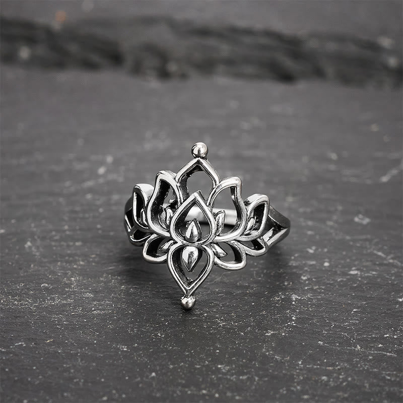 Buddha Stones Bague de pureté vintage argentée en forme de lotus - 20,6 mm - US11 - image 0