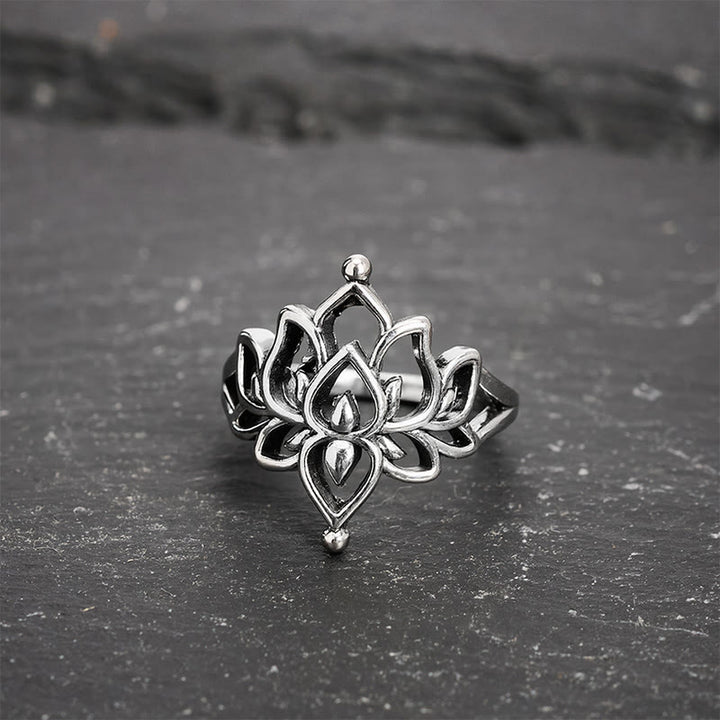 Buddha Stones Bague de pureté vintage argentée en forme de lotus - 20,6 mm - US11 - image 0