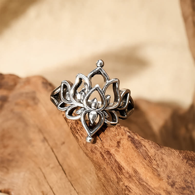Buddha Stones Bague de pureté vintage argentée en forme de lotus - image 1