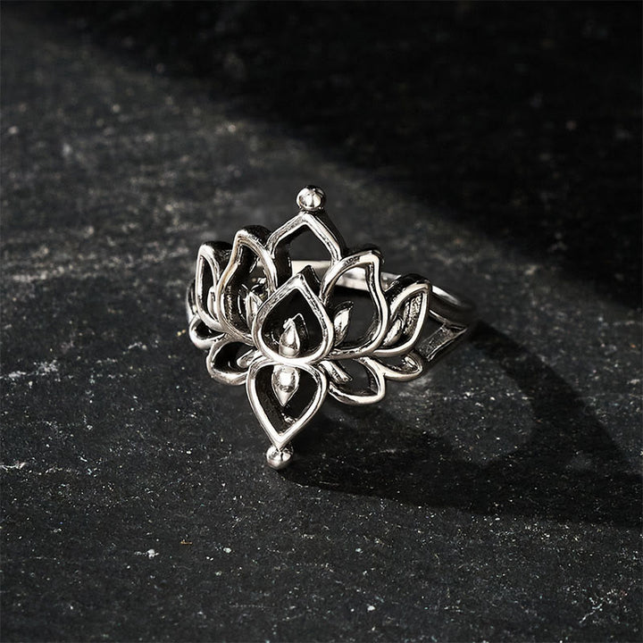 Buddha Stones Bague de pureté vintage argentée en forme de lotus - image 3