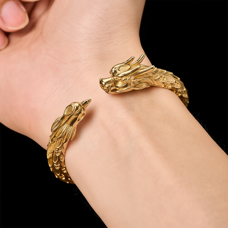 Buddha Stones Bracelet manchette ouvert en laiton antique orné d'un dragon et d'un phénix - image 15