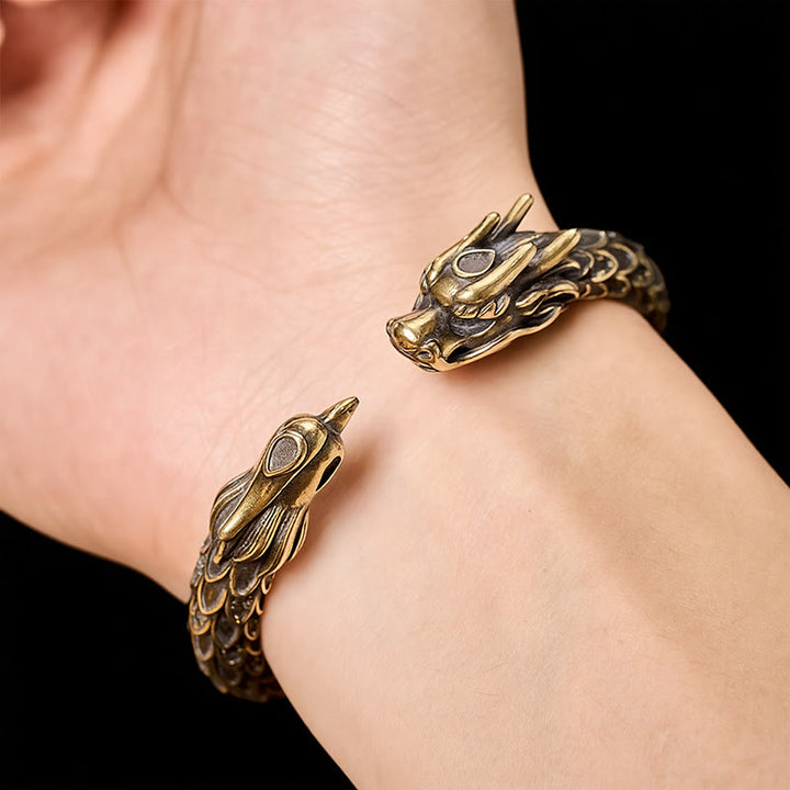 Buddha Stones Bracelet manchette ouvert en laiton antique orné d'un dragon et d'un phénix - image 5