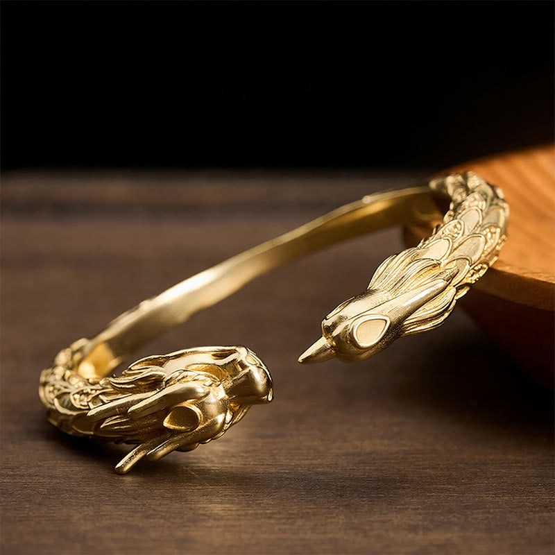 Buddha Stones Bracelet manchette ouvert en laiton antique orné d'un dragon et d'un phénix - Laiton - image 10