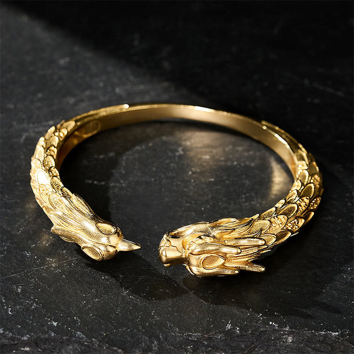 Buddha Stones Bracelet manchette ouvert en laiton antique orné d'un dragon et d'un phénix - image 13