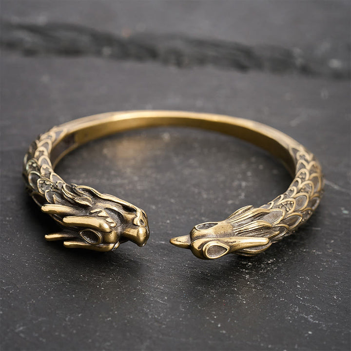 Buddha Stones Bracelet manchette ouvert en laiton antique orné d'un dragon et d'un phénix - image 2
