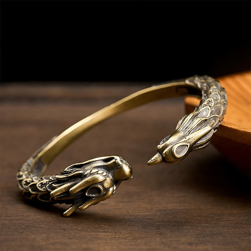 Buddha Stones Bracelet manchette ouvert en laiton antique orné d'un dragon et d'un phénix - Laiton foncé - image 0
