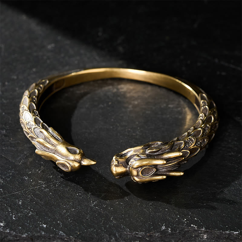 Buddha Stones Bracelet manchette ouvert en laiton antique orné d'un dragon et d'un phénix - image 3