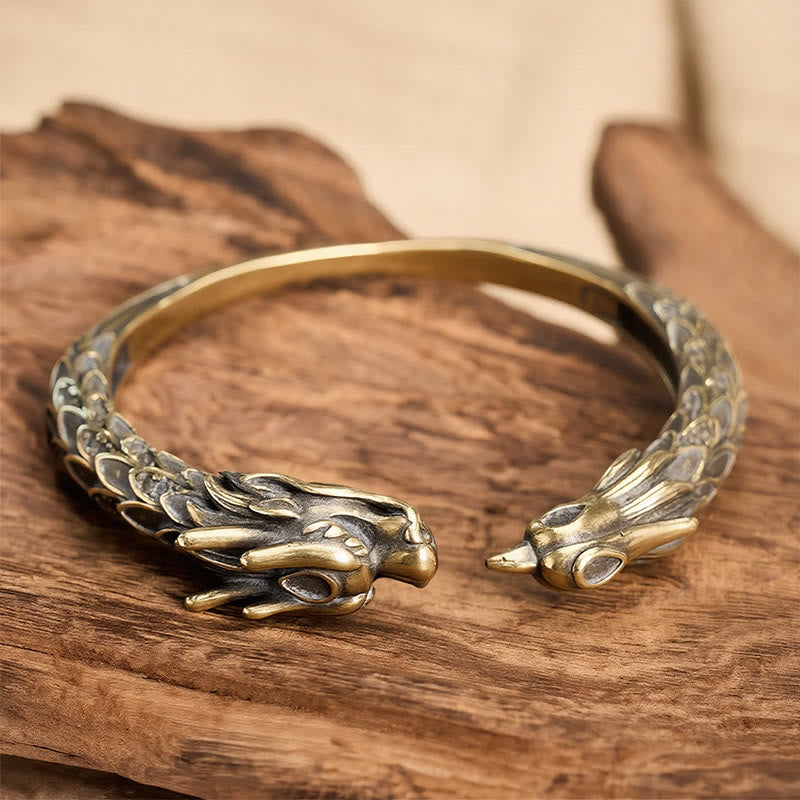 Buddha Stones Bracelet manchette ouvert en laiton antique orné d'un dragon et d'un phénix - image 1