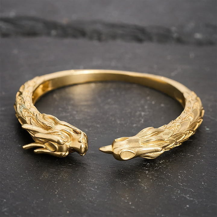 Buddha Stones Bracelet manchette ouvert en laiton antique orné d'un dragon et d'un phénix - image 12
