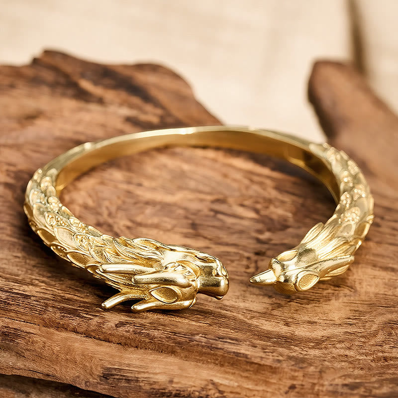 Buddha Stones Bracelet manchette ouvert en laiton antique orné d'un dragon et d'un phénix - image 11