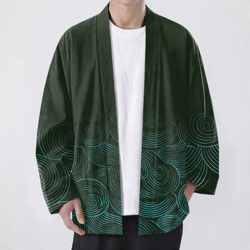 Buddha Stones Kimono pour homme à motif de cercles ondulés en coton, ouvert sur le devant - Vert foncé - US/UK/AU48，EU58 (4XL) - image 0