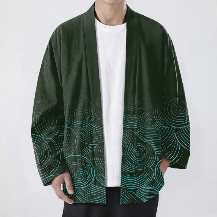 Buddha Stones Kimono pour homme à motif de cercles ondulés en coton, ouvert sur le devant - Vert foncé - US/UK/AU48，EU58 (4XL) - image 0