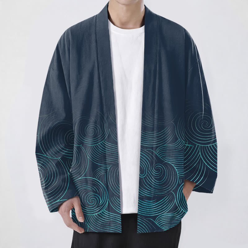 Buddha Stones Kimono pour homme à motif de cercles ondulés en coton, ouvert sur le devant - Marine - US/UK/AU48，EU58 (4XL) - image 6