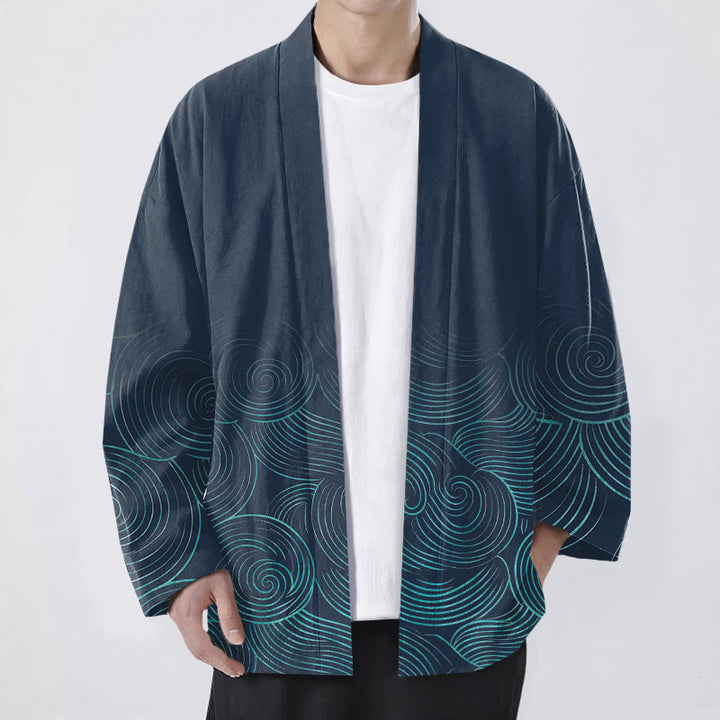 Buddha Stones Kimono pour homme à motif de cercles ondulés en coton, ouvert sur le devant - Marine - US/UK/AU48，EU58 (4XL) - image 6