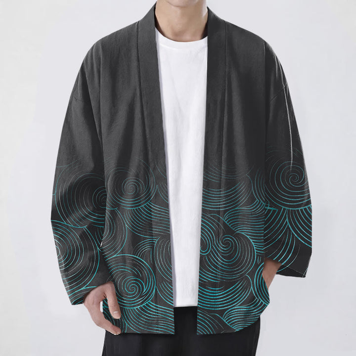 Buddha Stones Kimono pour homme à motif de cercles ondulés en coton, ouvert sur le devant - Noir - US/UK/AU48，EU58 (4XL) - image 9