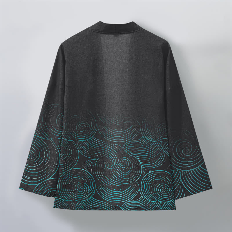 Buddha Stones Kimono pour homme à motif de cercles ondulés en coton, ouvert sur le devant - image 11