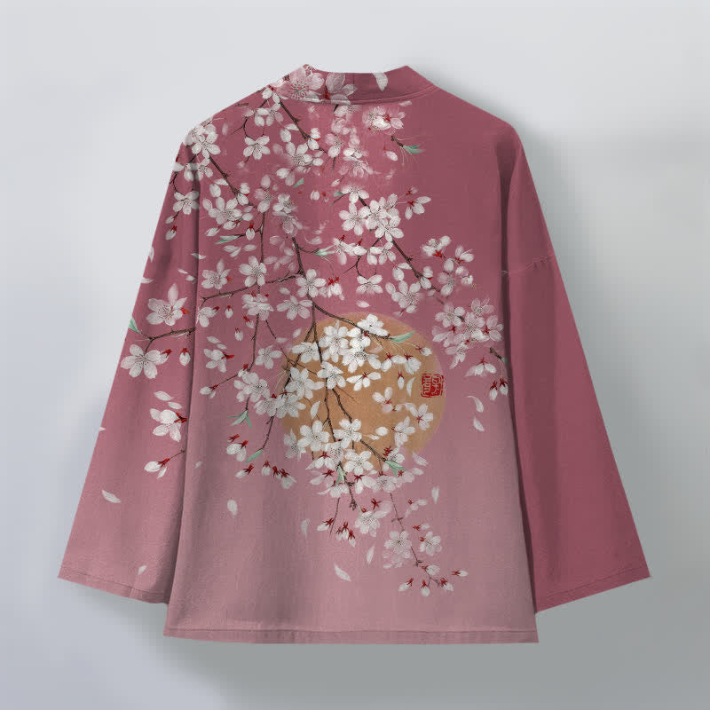 Buddha Stones Kimono pour homme en coton blanc à motif de fleurs de cerisier, ouvert sur le devant - image 2
