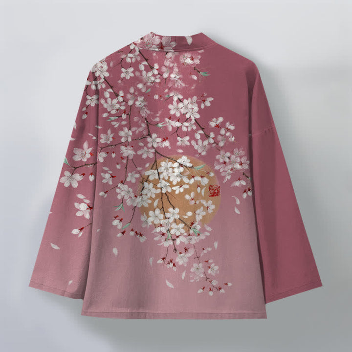 Buddha Stones Kimono pour homme en coton blanc à motif de fleurs de cerisier, ouvert sur le devant - image 2
