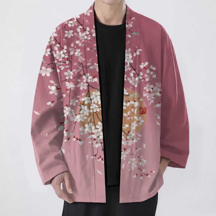 Buddha Stones Kimono pour homme en coton blanc à motif de fleurs de cerisier, ouvert sur le devant - Rouge violet pâle - US/UK/AU48，EU58 (4XL) - image 0