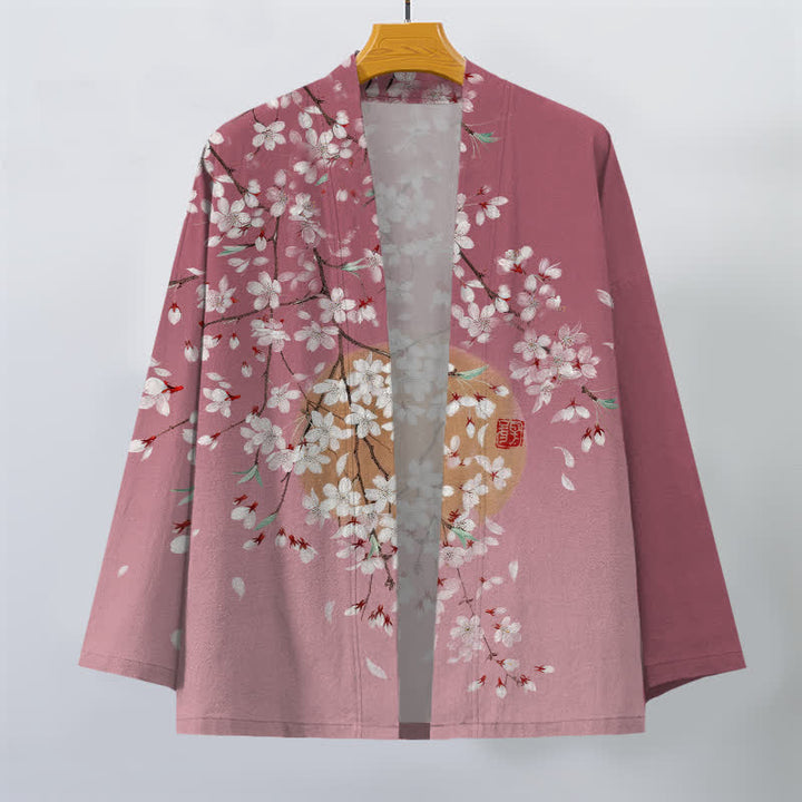 Buddha Stones Kimono pour homme en coton blanc à motif de fleurs de cerisier, ouvert sur le devant - image 1