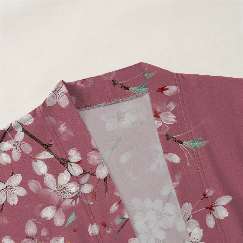 Buddha Stones Kimono pour homme en coton blanc à motif de fleurs de cerisier, ouvert sur le devant - image 3
