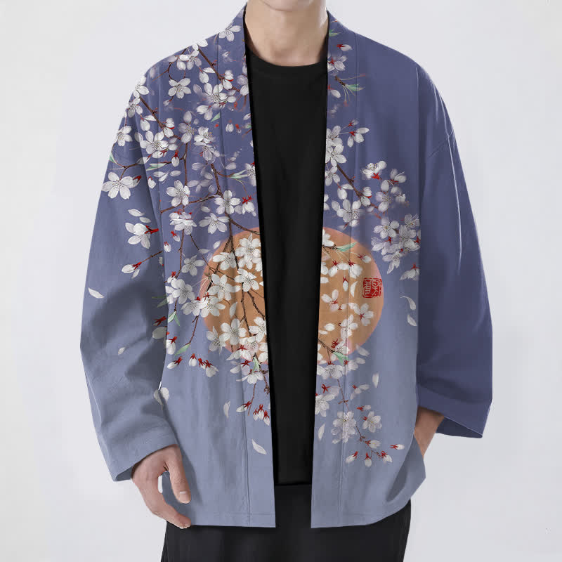 Buddha Stones Kimono pour homme en coton blanc à motif de fleurs de cerisier, ouvert sur le devant - Bleu ardoise - US/UK/AU48，EU58 (4XL) - image 6