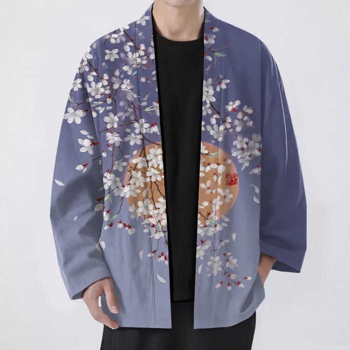Buddha Stones Kimono pour homme en coton blanc à motif de fleurs de cerisier, ouvert sur le devant - Bleu ardoise - US/UK/AU48，EU58 (4XL) - image 6