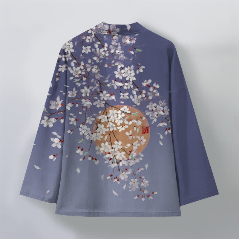 Buddha Stones Kimono pour homme en coton blanc à motif de fleurs de cerisier, ouvert sur le devant - image 8