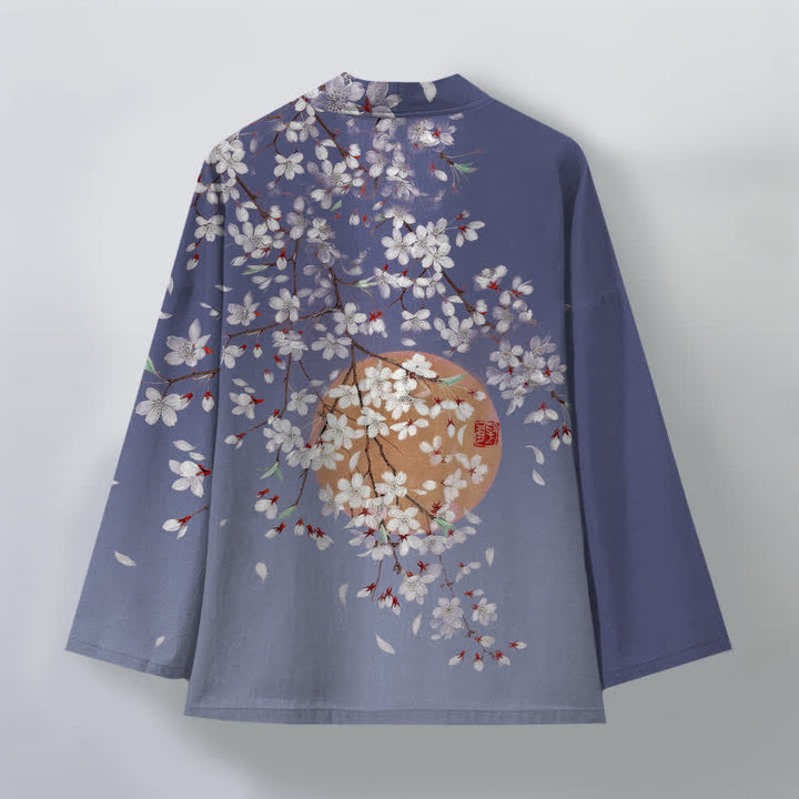 Buddha Stones Kimono pour homme en coton blanc à motif de fleurs de cerisier, ouvert sur le devant - image 8