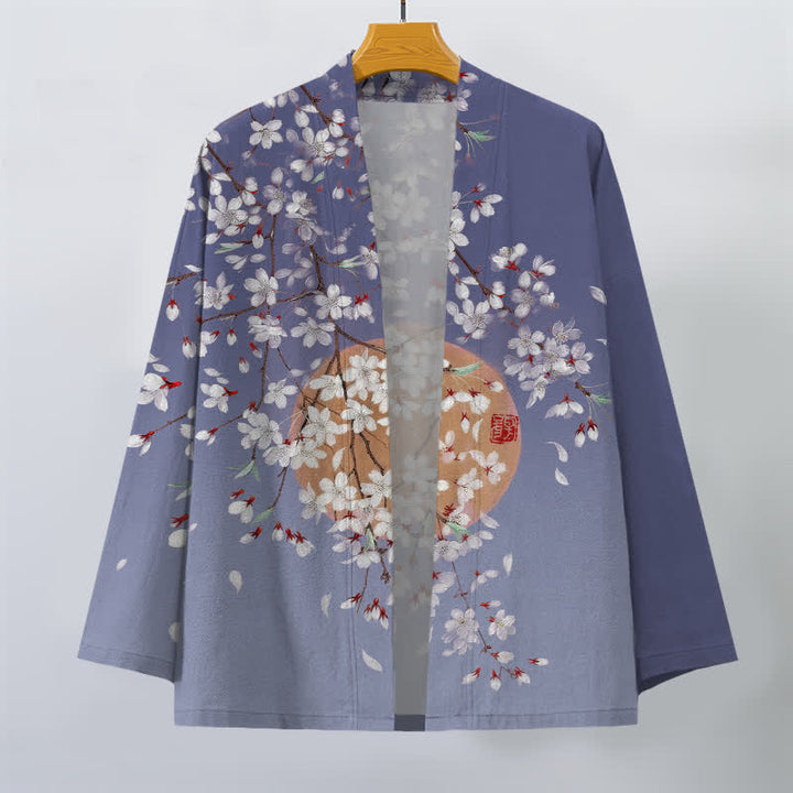 Buddha Stones Kimono pour homme en coton blanc à motif de fleurs de cerisier, ouvert sur le devant - image 7