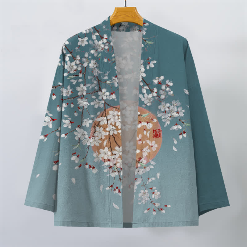 Buddha Stones Kimono pour homme en coton blanc à motif de fleurs de cerisier, ouvert sur le devant - image 10