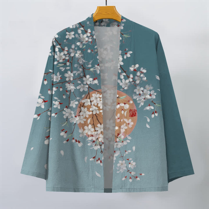 Buddha Stones Kimono pour homme en coton blanc à motif de fleurs de cerisier, ouvert sur le devant - image 10