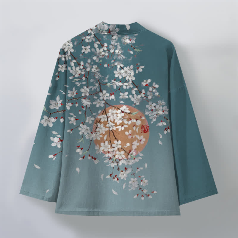 Buddha Stones Kimono pour homme en coton blanc à motif de fleurs de cerisier, ouvert sur le devant - image 11