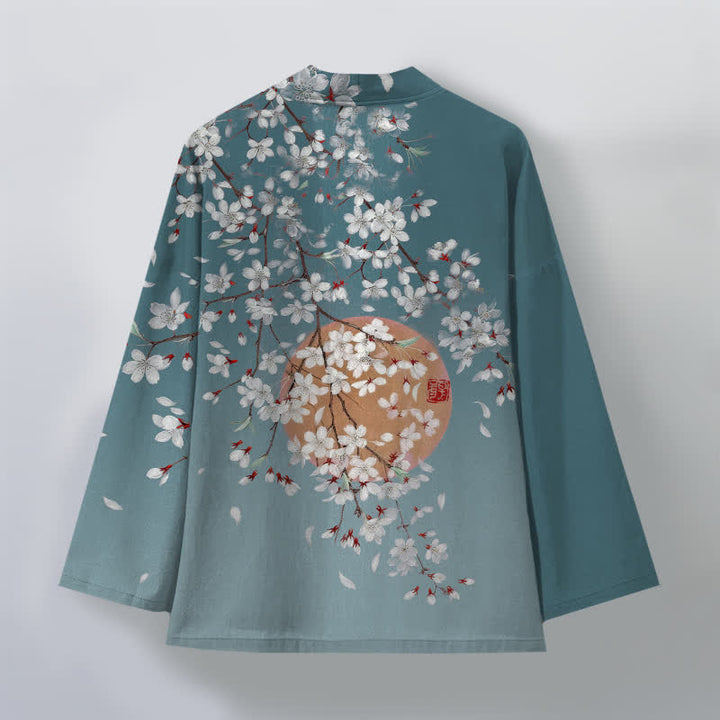 Buddha Stones Kimono pour homme en coton blanc à motif de fleurs de cerisier, ouvert sur le devant - image 11