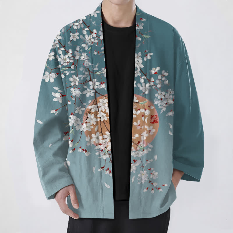 Buddha Stones Kimono pour homme en coton blanc à motif de fleurs de cerisier, ouvert sur le devant - Sarcelle - US/UK/AU48，EU58 (4XL) - image 9