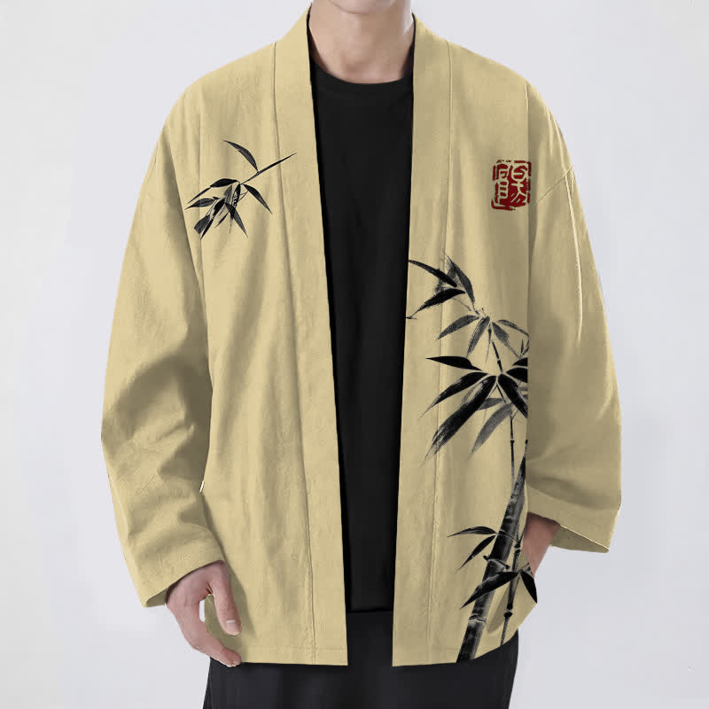 Buddha Stones Kimono pour homme en coton à motif bambou asymétrique et imprimé à l'encre, ouvert sur le devant - Blé - US/UK/AU48，EU58 (4XL) - image 0