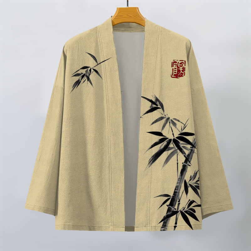 Buddha Stones Kimono pour homme en coton à motif bambou asymétrique et imprimé à l'encre, ouvert sur le devant - image 1