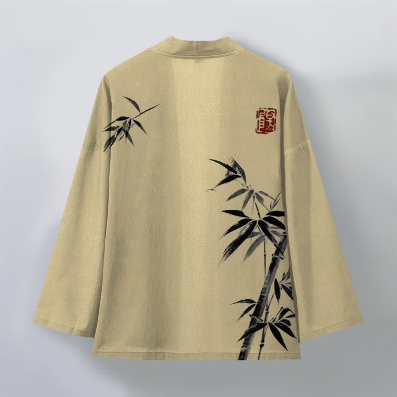 Buddha Stones Kimono pour homme en coton à motif bambou asymétrique et imprimé à l'encre, ouvert sur le devant - image 2