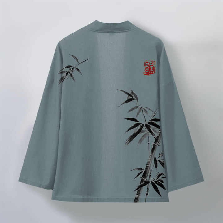 Buddha Stones Kimono pour homme en coton à motif bambou asymétrique et imprimé à l'encre, ouvert sur le devant - image 8