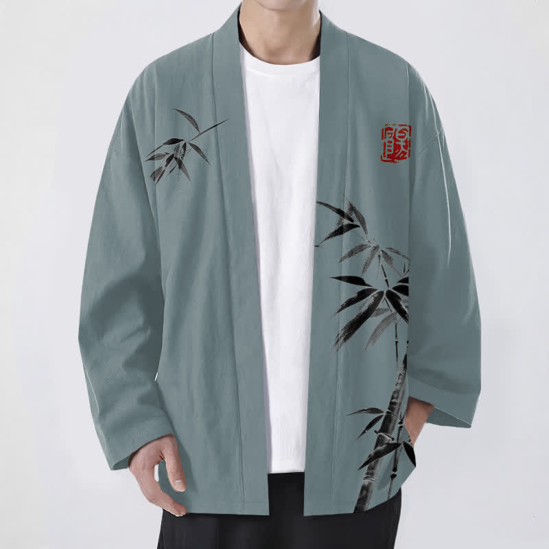 Buddha Stones Kimono pour homme en coton à motif bambou asymétrique et imprimé à l'encre, ouvert sur le devant - CadetBlue - US/UK/AU48，EU58 (4XL) - image 6