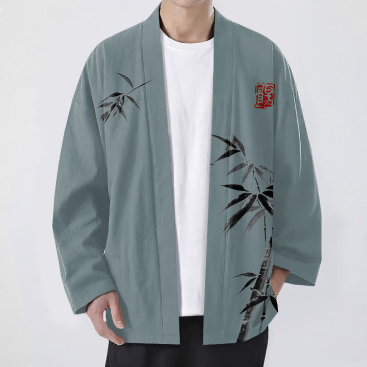 Buddha Stones Kimono pour homme en coton à motif bambou asymétrique et imprimé à l'encre, ouvert sur le devant - CadetBlue - US/UK/AU48，EU58 (4XL) - image 6
