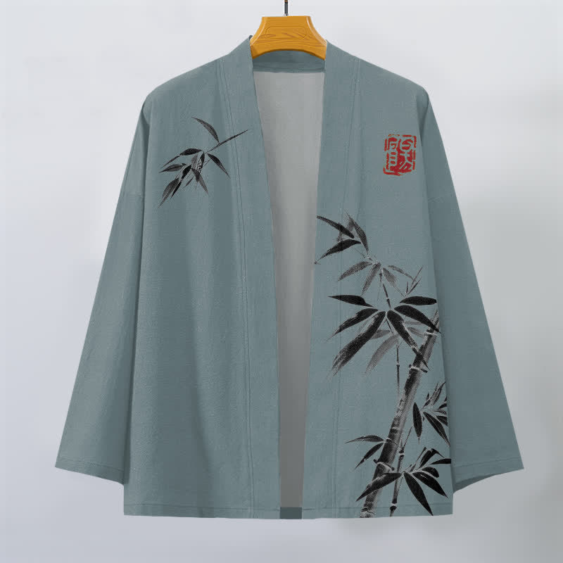 Buddha Stones Kimono pour homme en coton à motif bambou asymétrique et imprimé à l'encre, ouvert sur le devant - image 7