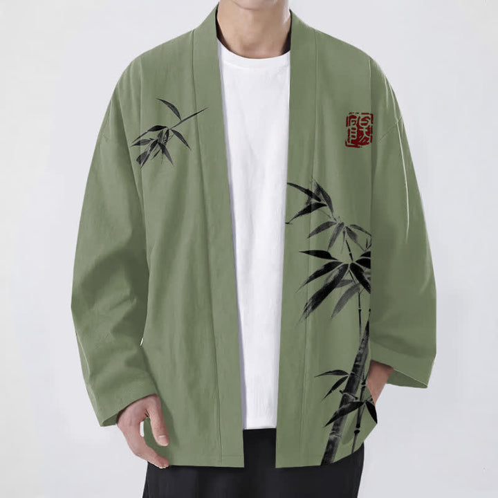 Buddha Stones Kimono pour homme en coton à motif bambou asymétrique et imprimé à l'encre, ouvert sur le devant - Vert olive - US/UK/AU48，EU58 (4XL) - image 9