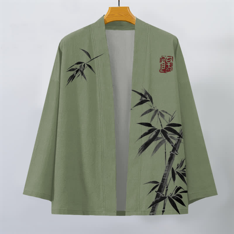 Buddha Stones Kimono pour homme en coton à motif bambou asymétrique et imprimé à l'encre, ouvert sur le devant - image 10
