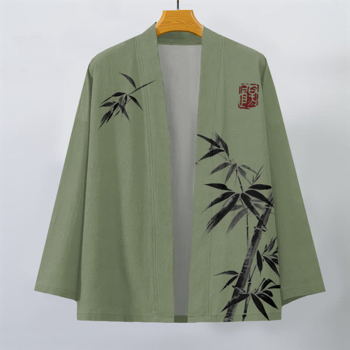 Buddha Stones Kimono pour homme en coton à motif bambou asymétrique et imprimé à l'encre, ouvert sur le devant - image 10