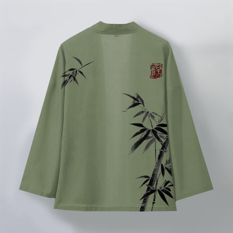 Buddha Stones Kimono pour homme en coton à motif bambou asymétrique et imprimé à l'encre, ouvert sur le devant - image 11