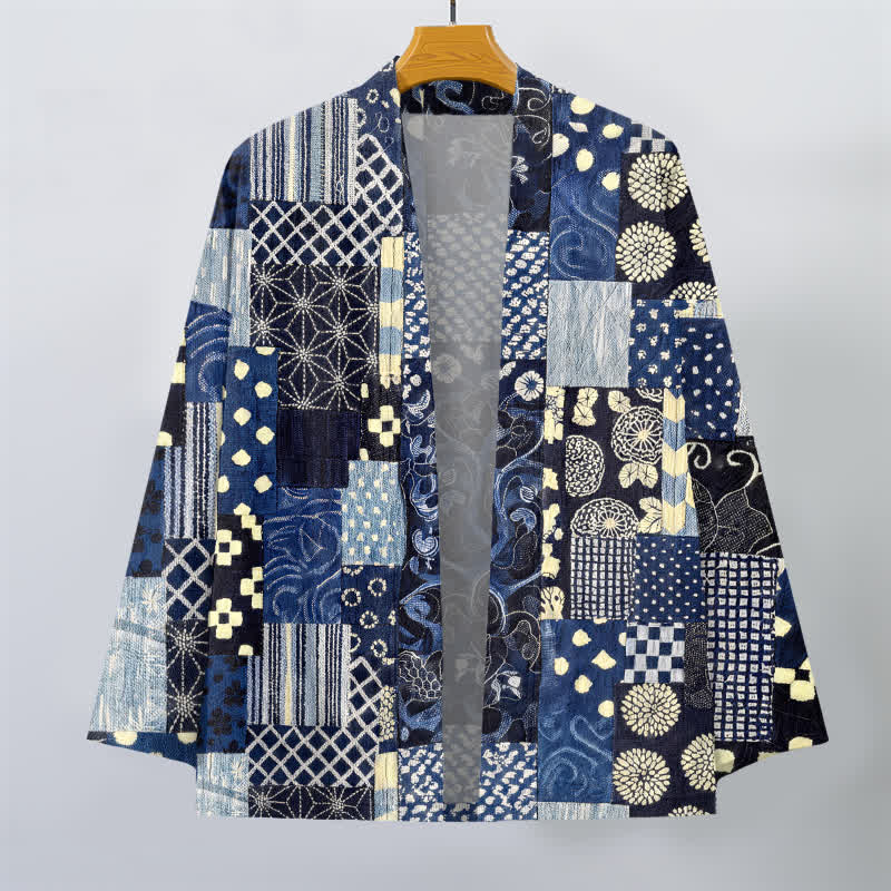 Buddha Stones Kimono homme ouvert sur le devant, en coton à motif patchwork floral vintage. - image 1